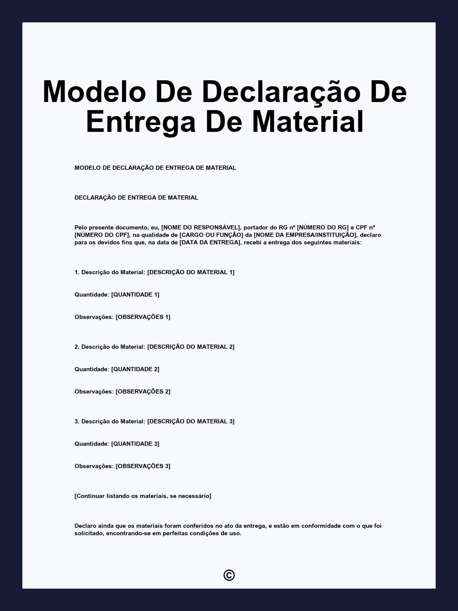Modelo De Declaração De Entrega De Material