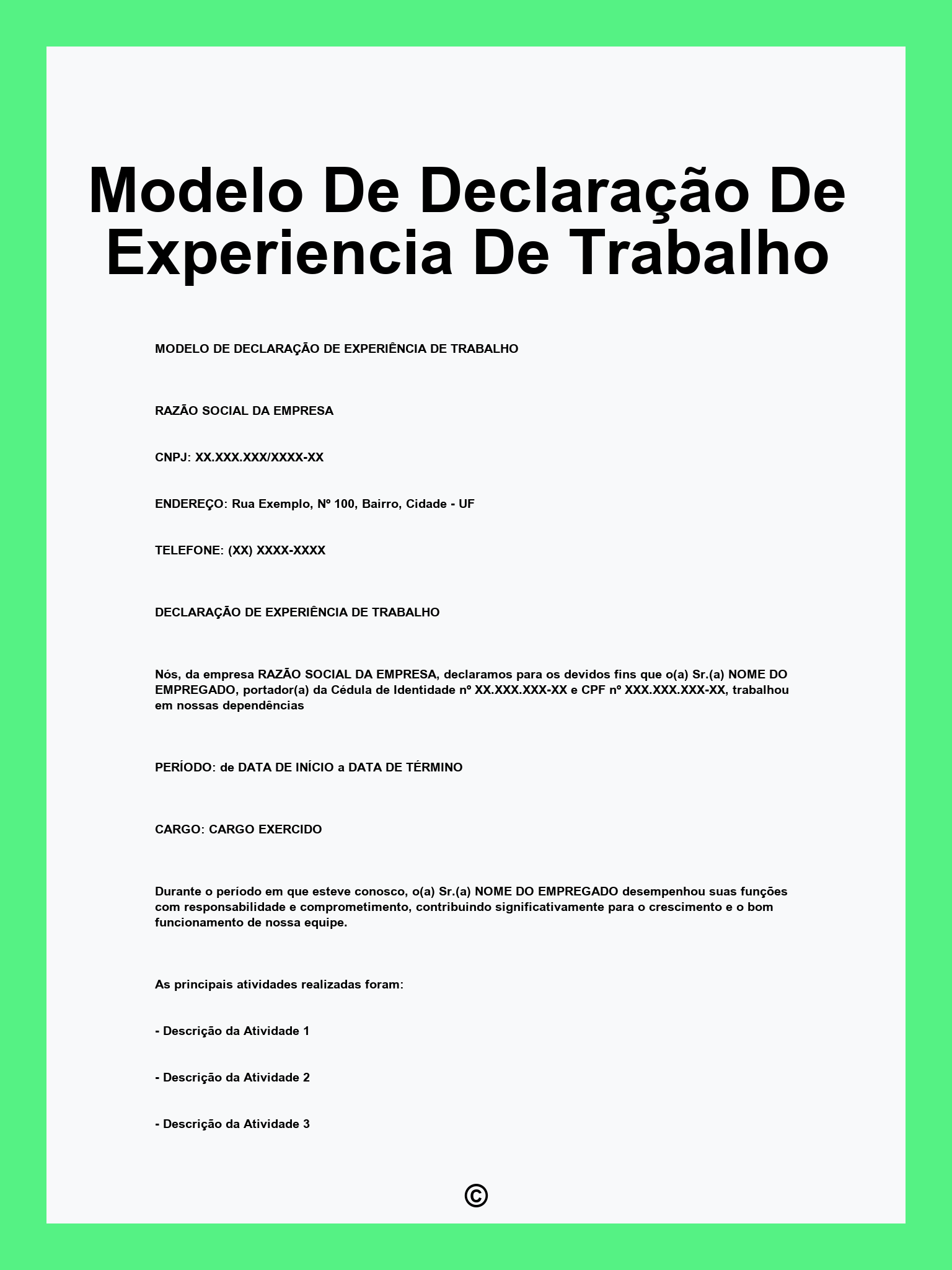 Modelo De Declaração De Experiencia De Trabalho