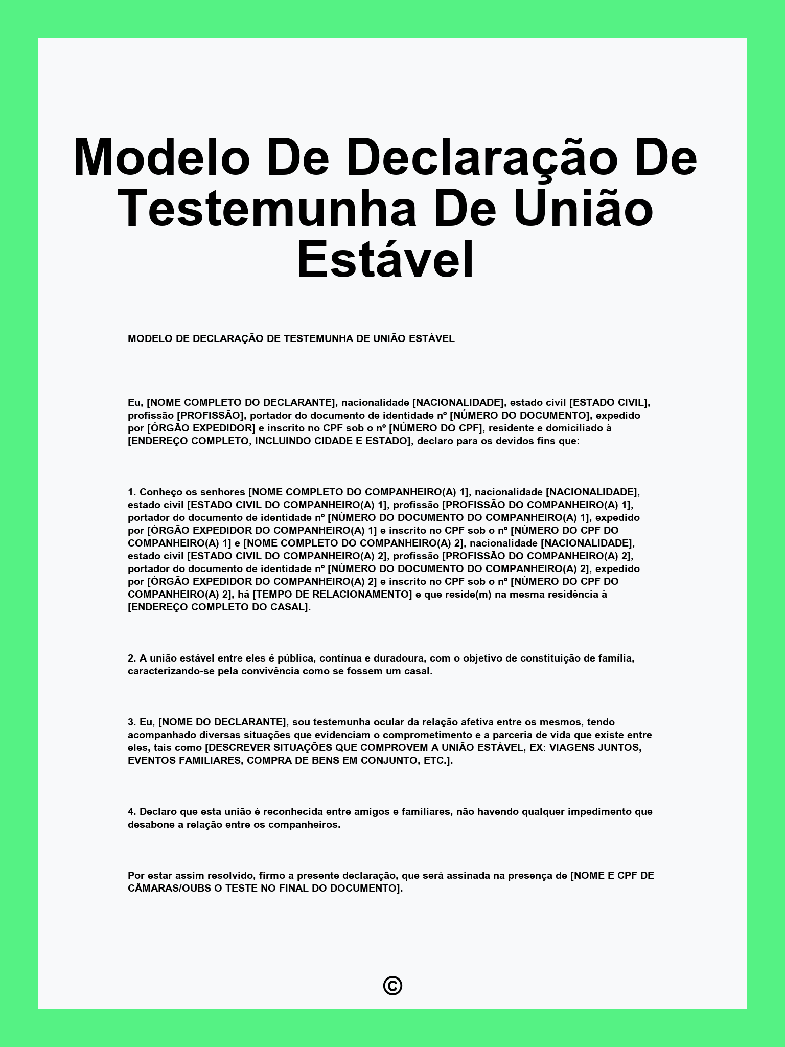 Modelo De Declaração De Testemunha De União Estável