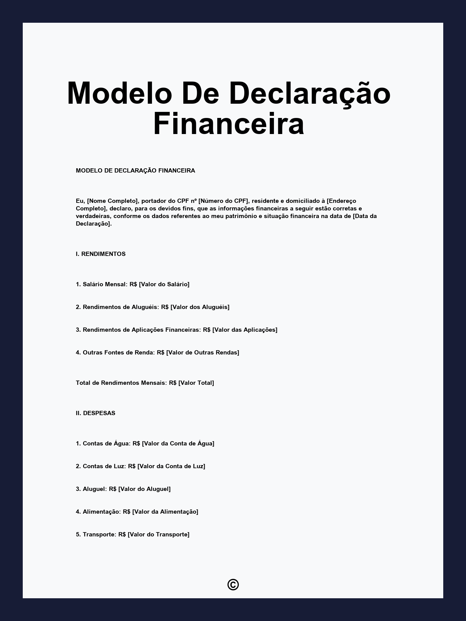 Modelo De Declaração Financeira